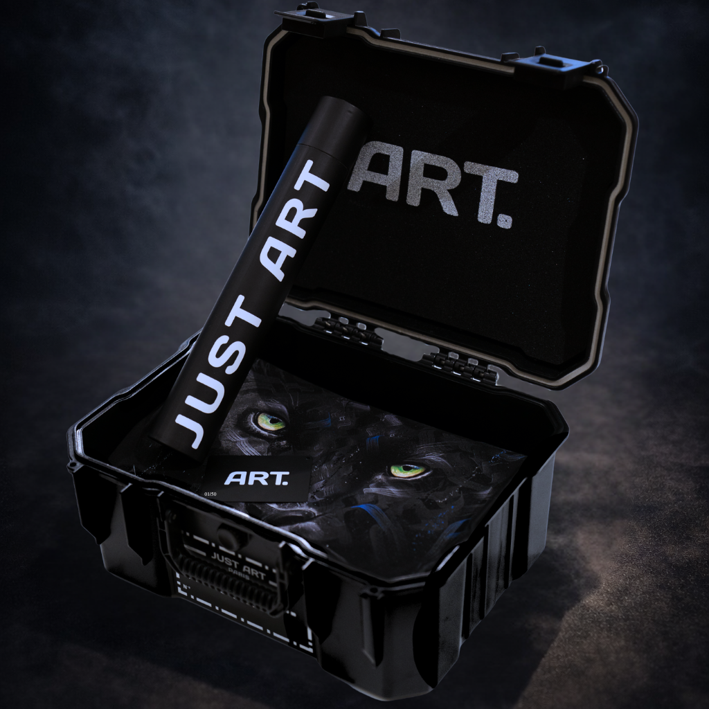 Mallette Just Art Paris ouverte dévoilant le contenu de la collection shadow gaze avec l'artiste Cofee avec un teeshirt noir tube avec tirage et un certificat d'authenticité