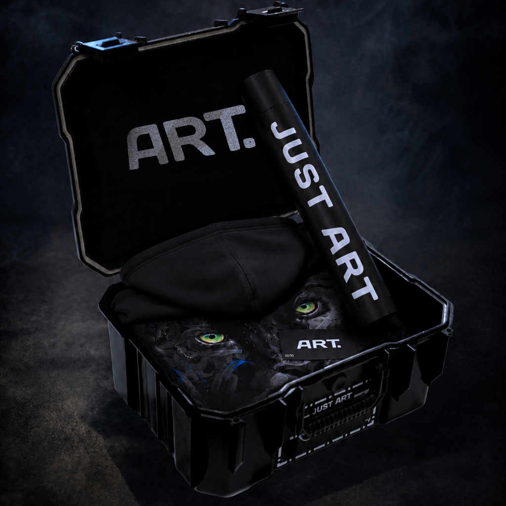 Mallette Just Art Paris ouverte dévoilant le contenu de la collection shadow gaze avec l'artiste Cofee avec un sweat noir tube avec tirage et un certificat d'authenticité